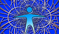 a human figure standing with arms spread out in front of a network of interwoven circles